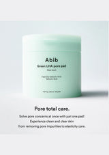A mint green cosmetic jar labeled 'Abib Green LHA pore pad' on a light gray background, with marketing text below.