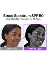 Comparison of sunscreen application on a person's face with and without UV light, labeled 'Broad Spectrum SPF 50'.