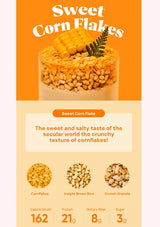 Advertisement for Sweet Corn Flakes with a glass of corn flakes and text on an orange and beige background.