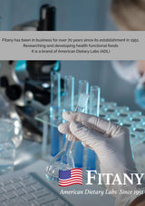 Person in a lab holding a beaker with Fitany branding and American Dietary Labs logo.