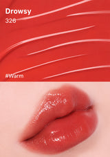 Lipstick swatch labeled 'Drowsy' with a close-up of lips wearing the shade.