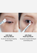 Comparison of using Sleek Base Eye Brush and Point Eye Brush on eyes with text describing their uses.