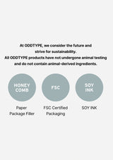 ODDTYPE sustainability information with icons and text on a white background