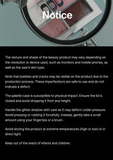 Notice text about a beauty product with a close-up of makeup items in the background.