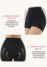 Black underpants with text highlighting features on a white background