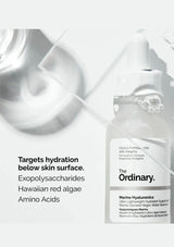 The Ordinary skincare product with text highlighting hydration benefits on a white background