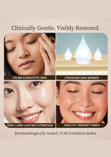 Cosmetic product advertisement with text 'Clinically Gentle, Visibly Restored' and images of a woman's face and skin.