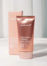 Medicube Collagen Firming Sun Cream tube and packaging on a light background