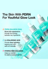 Cosmetic dropper bottles with text highlighting PDRN, Hyaluronic Acid, and Hydrolyzed Collagen on a light blue background.