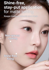 Woman's face with text highlighting shine-free and stay-put makeup application