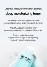 Torriden deep moisturizing toner bottle with text about skin hydration on a white background