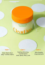 A jar of Clear Dea Green Tangerine Mild Dual Peeling Pad shown on a light green background with white circular cutouts and text overlays below.