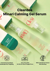 Cleardea Minari Calming Gel Serum shown with several frosted pump bottles and green-and-white boxes on a pale green background, with product name text and three feature icons at the bottom.