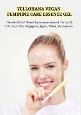 Woman holding a yellow object with text about Yellohana Vegan Feminine Care Essence Gel.