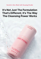 Pink cleansing powder container with text about product features on a white background