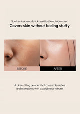 Before and after comparison of a close-fitting powder on skin with text describing its benefits.
