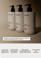 Three white bottles with black pumps labeled 'hersteller' on a beige background.