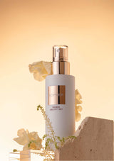 Skincare bottle with brand name on a beige background