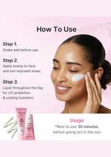 A pink and white instructional graphic titled 'How To Use' showing a woman applying a white cream to her face, with steps for use and two pink skincare tubes at the bottom.