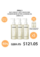 Cosnori micro active cleansing oil bottles with promotional text on a white background