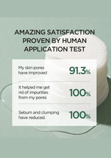 Product packaging with text about skin improvement and satisfaction rates on a light green background