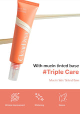 An orange tube of ClearDea Mucin Skin Tinted Base with a clear applicator cap, shown on a white background with promotional text and a coral-colored icon strip at the bottom highlighting wrinkle improvement, whitening, and sleeve coverage.