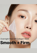 Person applying an overnight peel off collagen mask to their face with text 'Overnight Peel Off Collagen Mask Smooth + Firm' on a gray background.