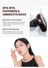Product advertisement for a face roller with cooling effect and gua sha massage, featuring a woman using it.