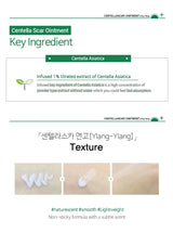 Advertisement for Centella Scar Ointment with key ingredient and texture information.