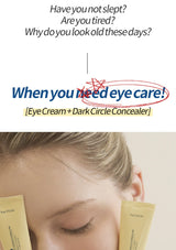 Advertisement for eye cream and dark circle concealer with text questioning tiredness and eye care needs.