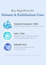 Key ingredients for sebum and exfoliation care with blue graphics and text on a light blue background.