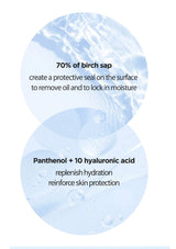 Text about birch sap and panthenol with hyaluronic acid on a light blue background