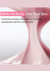 A promotional graphic for a pink emulsion showing a glossy, flowing pink substance on a white background with pink border bands. Text reads: 'Melts Perfectly Into Your Skin' and 'A soft pink emulsion that glides on smoothly and absorbs with firm, elastic finish.