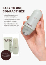 Hand holding a VAROL skincare product with text highlighting features and benefits.