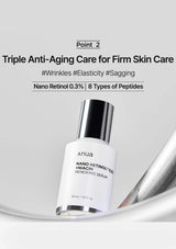 Anua Nano Retinol + Niacin Renewing Serum bottle on a white background with text about anti-aging care.