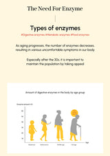 Infographic about the need for enzymes, types of enzymes, and their decrease with age.