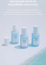 Three Centella products on a light blue background with text about Hyaluronic Acid and Cica.