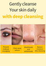 Cosmetic advertisement with skin before and after cleansing, showing effects on makeup smudging, sebum, blackheads, and whiteheads.
