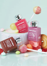 Lip Potion products with colorful candies on a light background