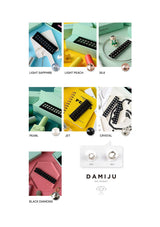Collection of jewelry items with color swatches labeled 'Light Sapphire', 'Light Peach', 'Silk', 'Pearl', 'Jet', 'Crystal', and 'Black Diamond'. Brand 'Damiju' is visible.