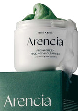 Arencia Fresh Green Rice Mochi Cleanser with green cream on a white background