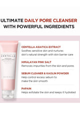 Skincare product with text detailing its ingredients on a pink background