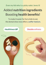 Product advertisement for dental chews with text about added nutrition, health benefits, and softer texture.