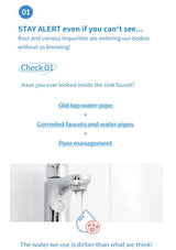 An informational graphic with text about checking sink faucets and a small photo of a running faucet with water dripping into a container.