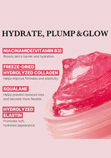 Skincare product with text detailing ingredients and benefits on a pink background