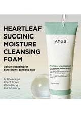 Anua Heartleaf Succinic Moisture Cleansing Foam with product details on a light background
