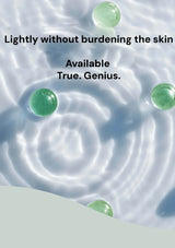Close-up of a skincare product with green droplets and text about light application.