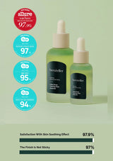 Two skincare dropper bottles with approval ratings on a light green background
