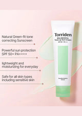 Torriden Balanceful Tone Up Sun Cream on a pink background with product details.