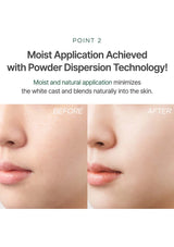 Before and after comparison of moist application with powder dispersion technology on skin.